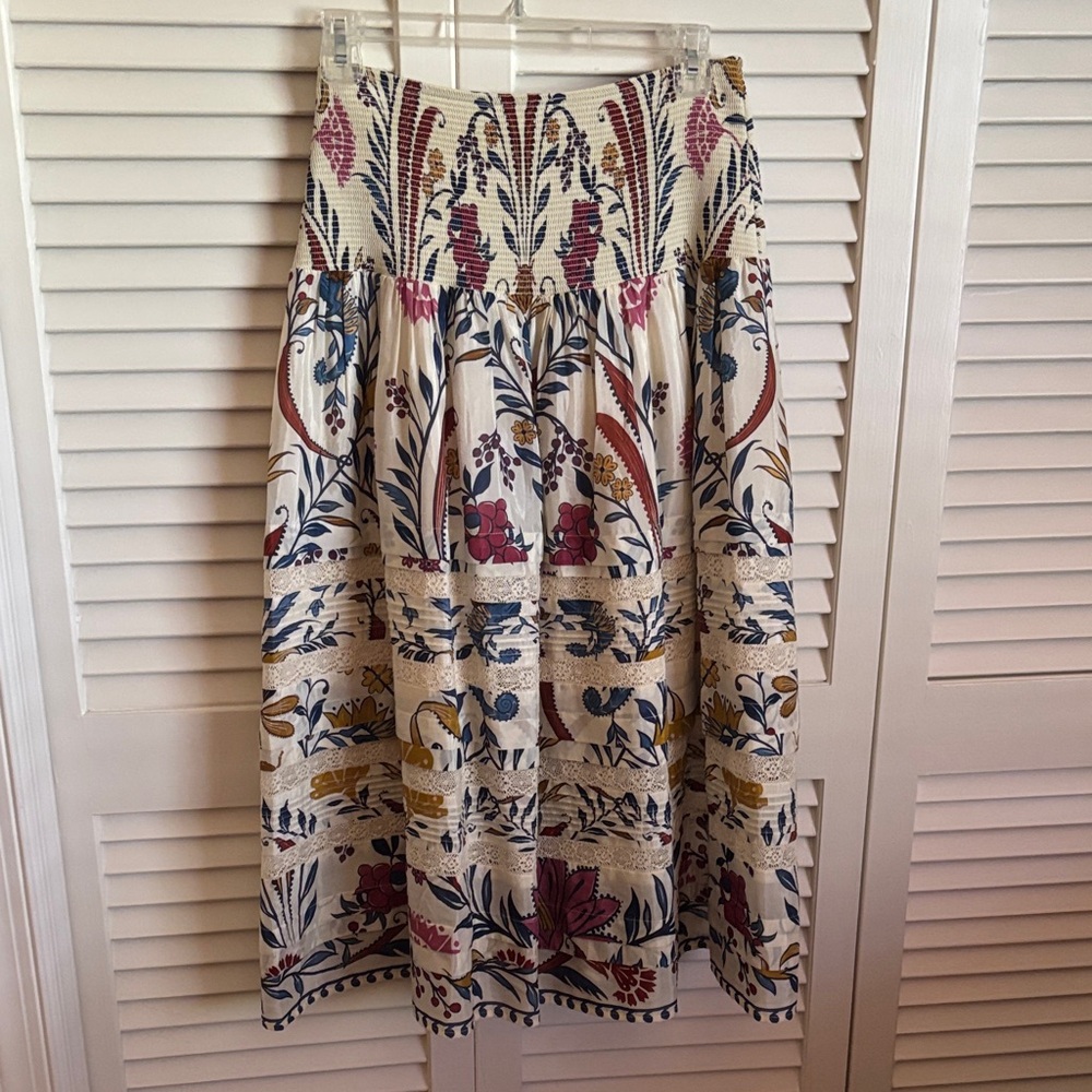 FARM Rio Cream Floral Midi Skirt with Blue, Pink & Mustard Accents